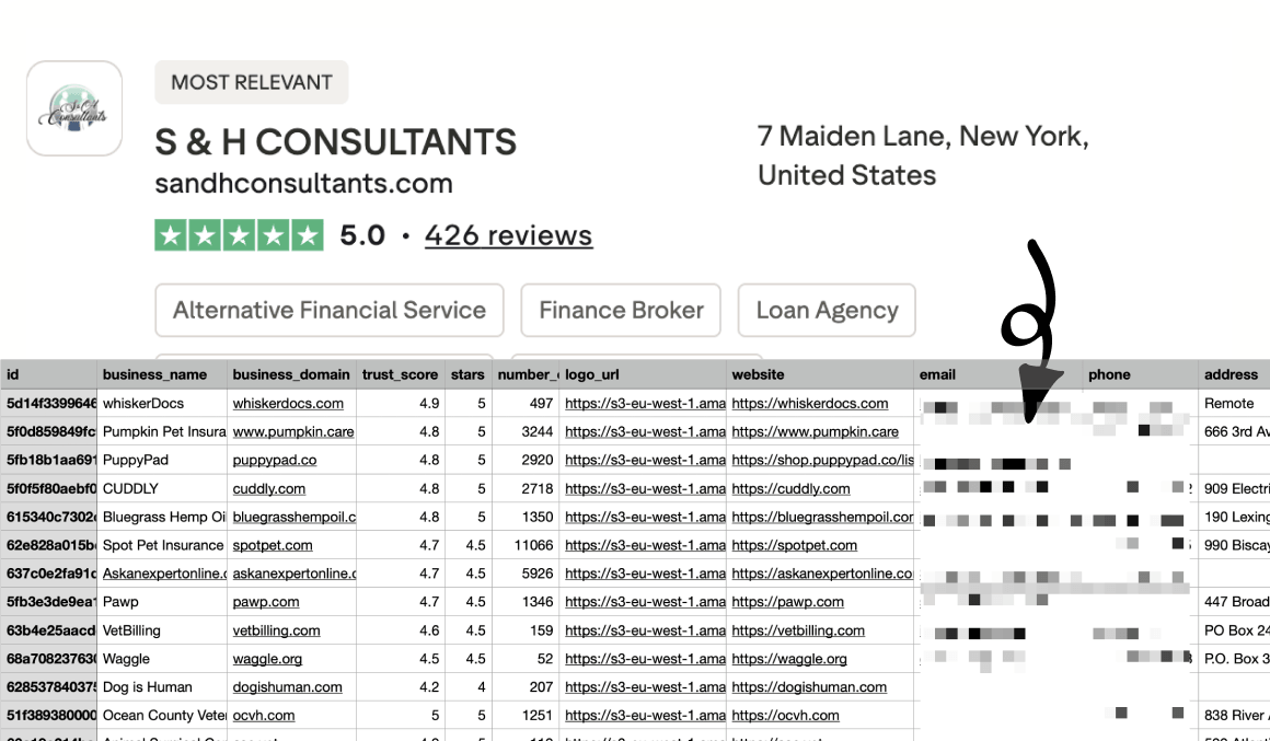 Trustpilot Business Scraper exporting search results with business names, trust scores, emails, and phone numbers to a spreadsheet